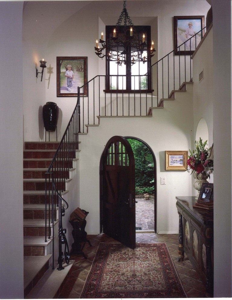 Wrought Iron Chandeliers Entry Mediterranean with Arch Art Banister Ceiling