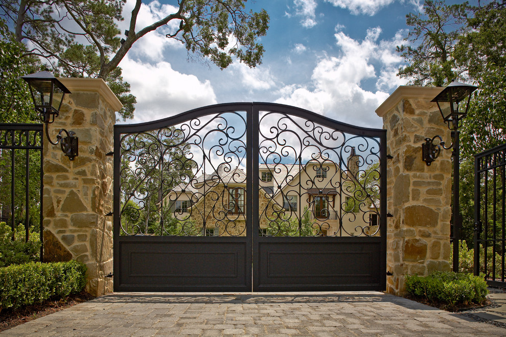 Wrought Iron Gate Landscape Mediterranean with Brick Driveway Entry Gate