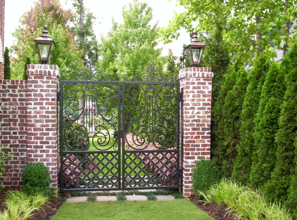 Wrought Iron Gate Designs Landscape Traditional with Boxwoods Brick Pillars Cast