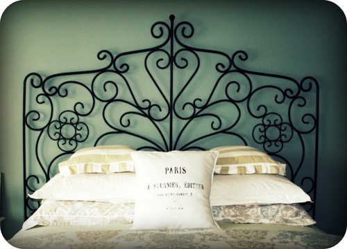Wrought Iron Headboard Bedroom Traditional with Blue White 