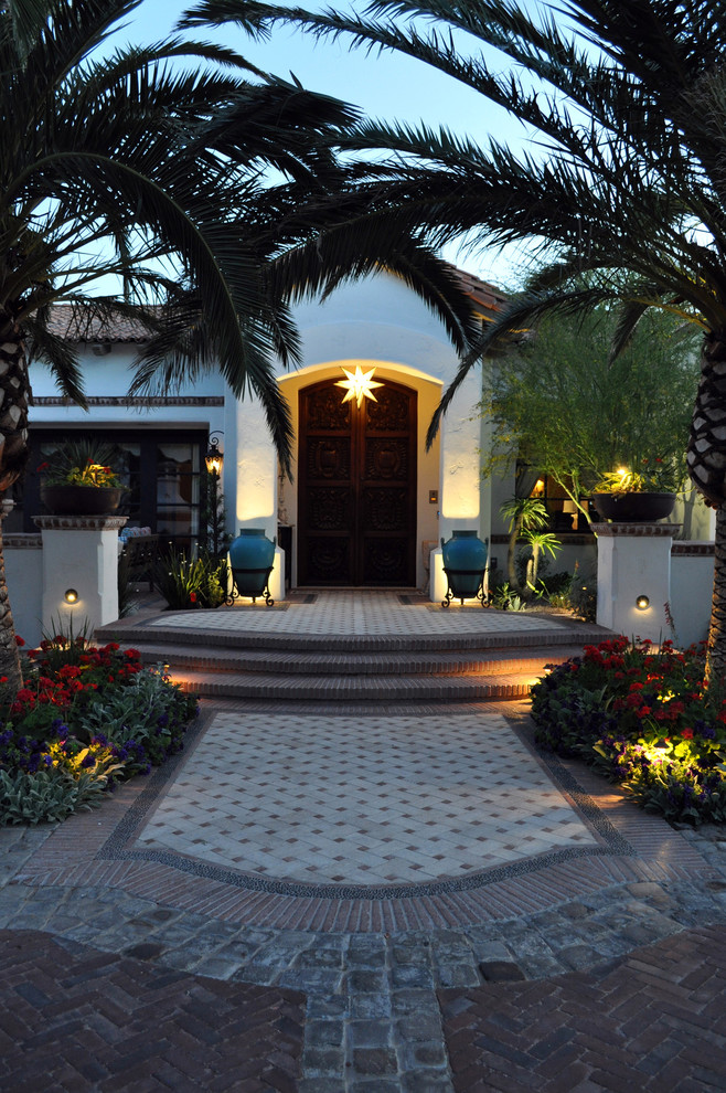 Wrought Iron Planters Entry Mediterranean with Bowl Brick Paving Canary