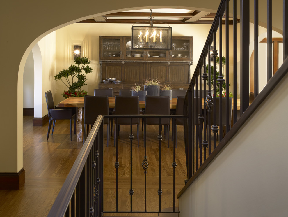 Wrought Iron Spindles Dining Room Traditional with Archway Banister Baseboards Chandelier