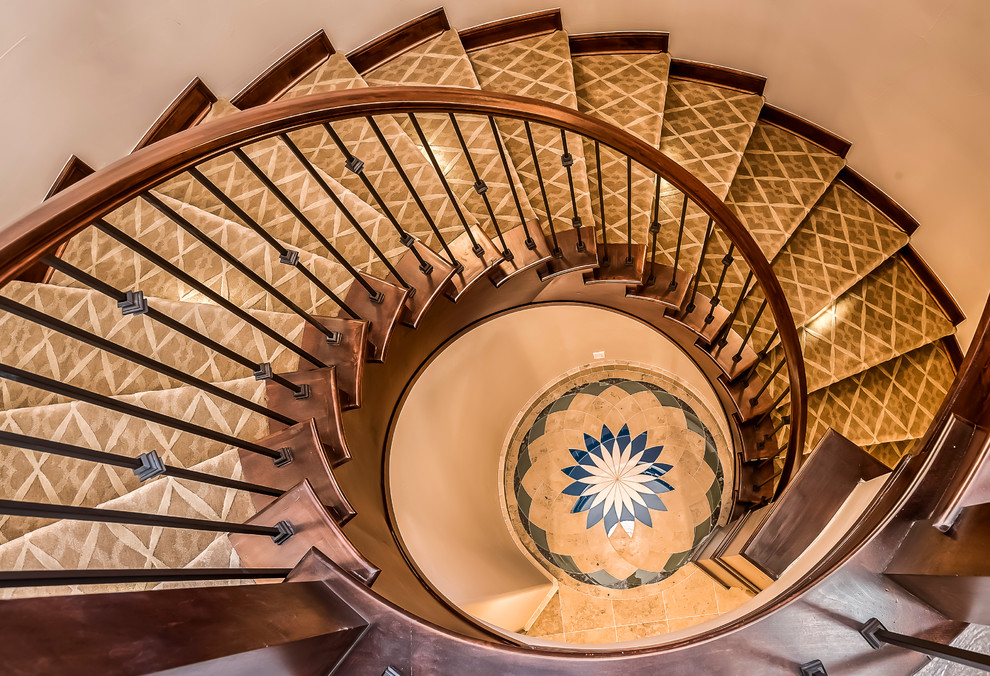 Wrought Iron Spindles Staircase Mediterranean with Curved Staircase Dark Wood