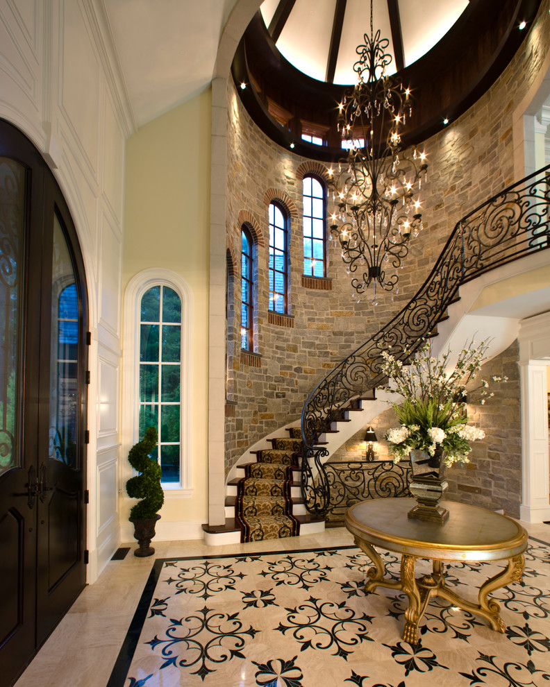 Wrought Iron Stair Railings Entry Traditional with Arched Windows Beige Wall