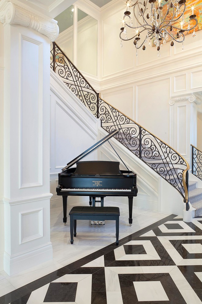 Wrought Iron Stair Railings Staircase Traditional with Black Marble Floor Black