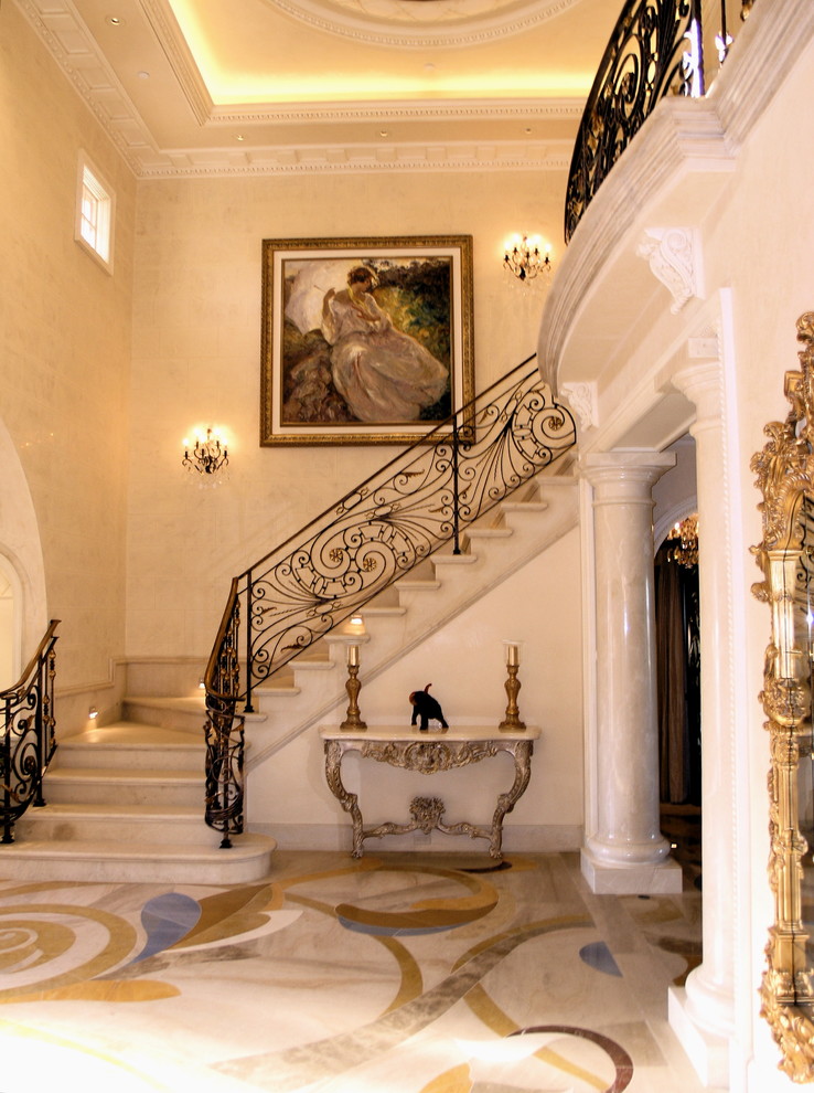 Wrought Iron Stairs Entry Traditional with Art Atrium Balcony Banister