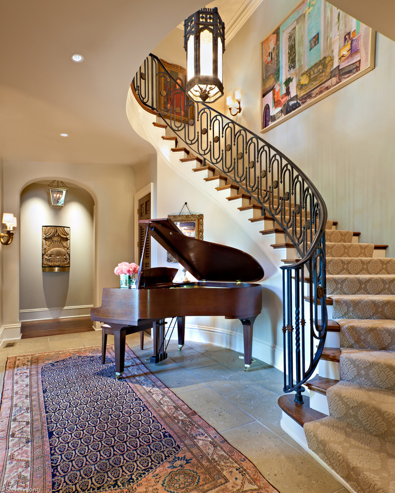 Wrought Iron Stairs Staircase Traditional with Artwork Baseboards Carpet Rug