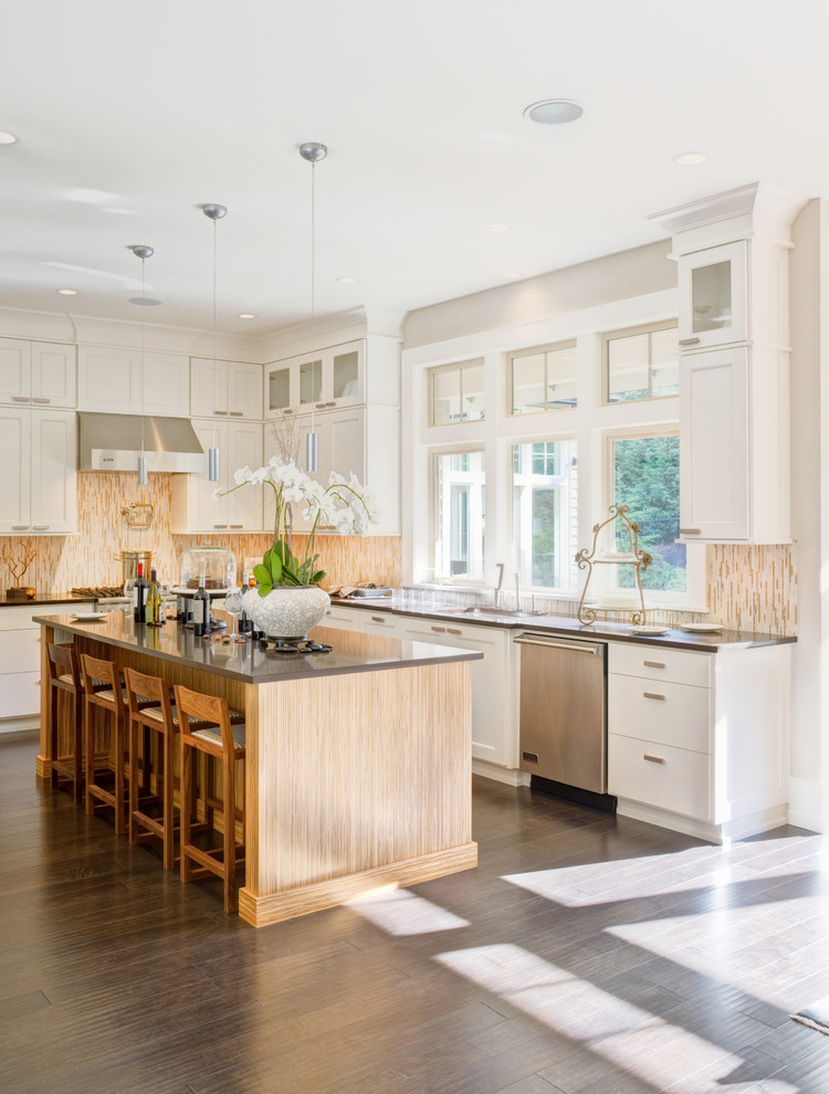 Wrought Iron Table Base Kitchen Traditional with Brown Countertop Clerestory Cabinets
