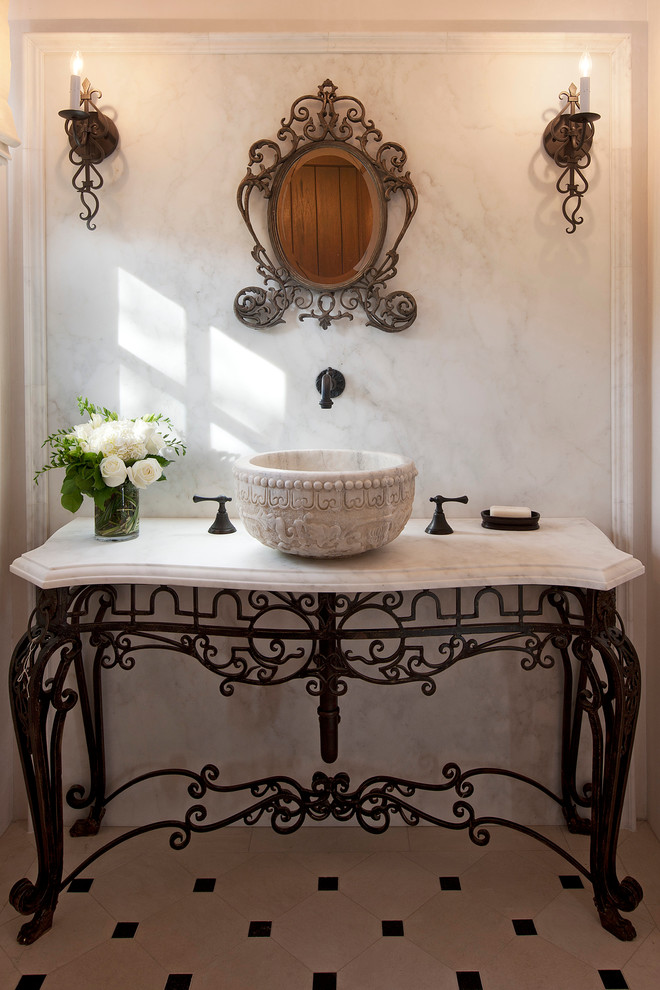 Wrought Iron Vanity Powder Room Mediterranean with Above Counter Sink Carved