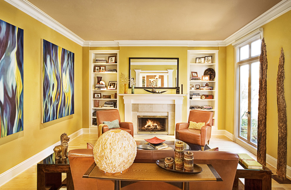 Yellow Leather Sofa Living Room Traditional with Bookshelves Built Ins Caramel