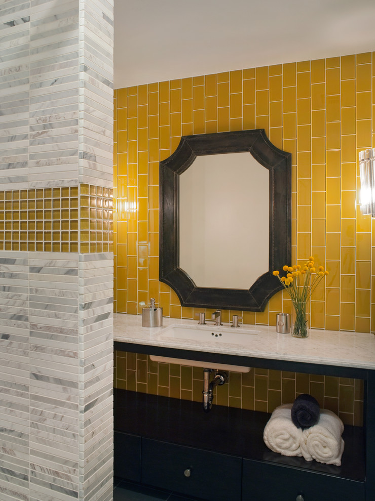 Yellow Subway Tile Bathroom Contemporary with Dark Stained Wood Marble