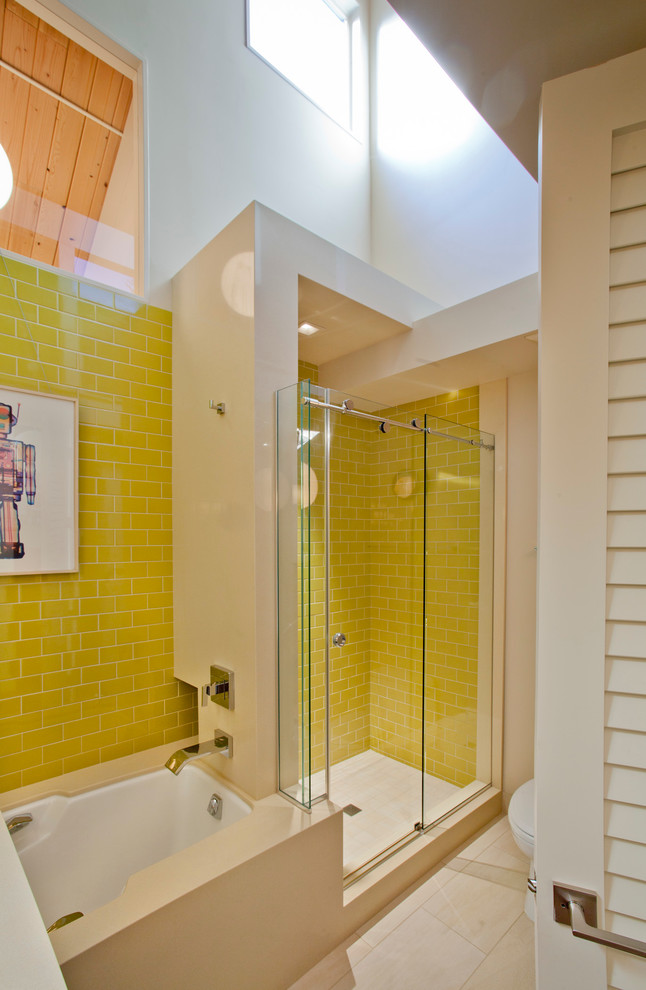 Yellow Subway Tile Bathroom Midcentury with Glass Shower Door High