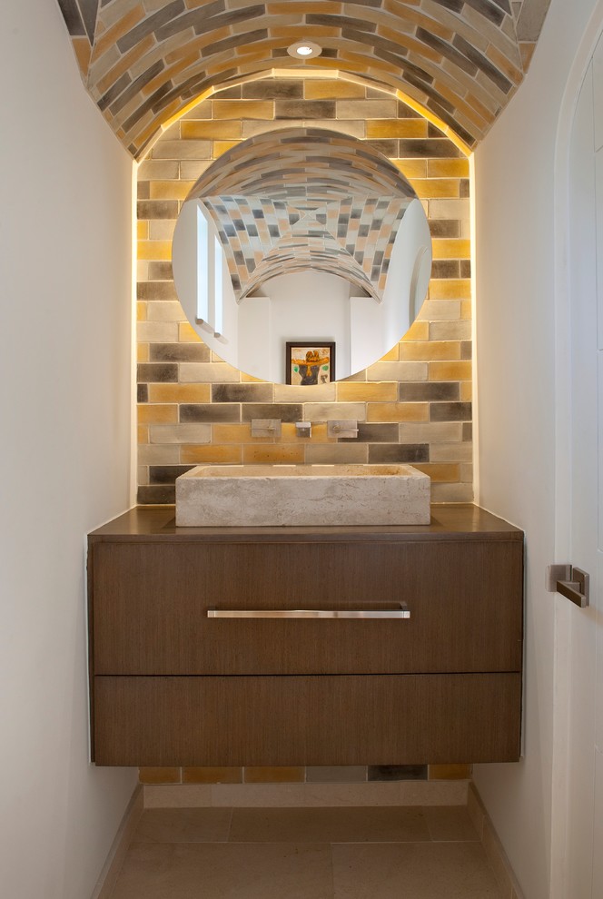 Yellow Subway Tile Powder Room Contemporary with Arched Ceiling Faucet Floating