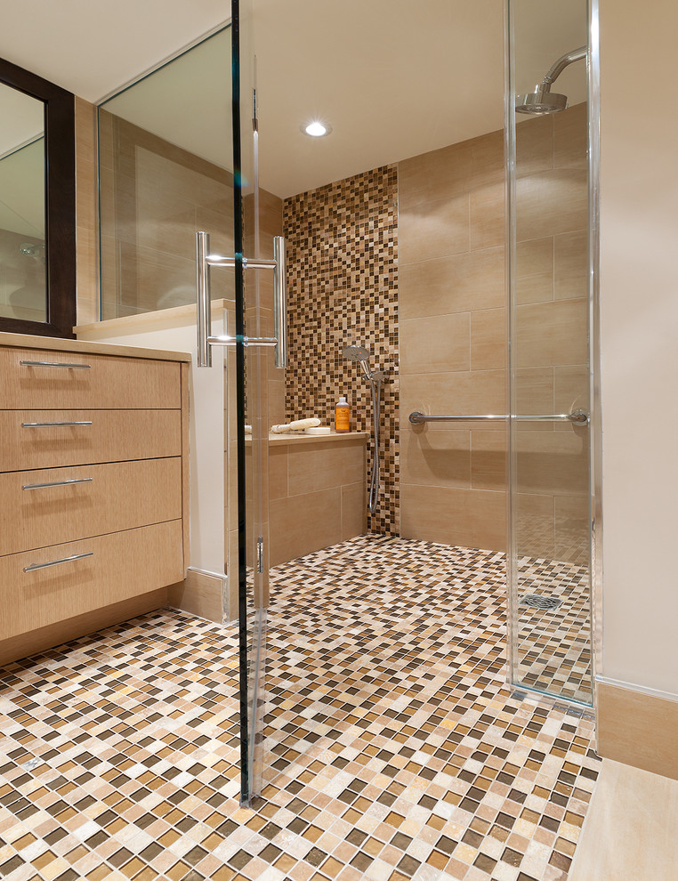 Zero Threshold Shower Bathroom Contemporary with Accent Tile Ceiling Lighting