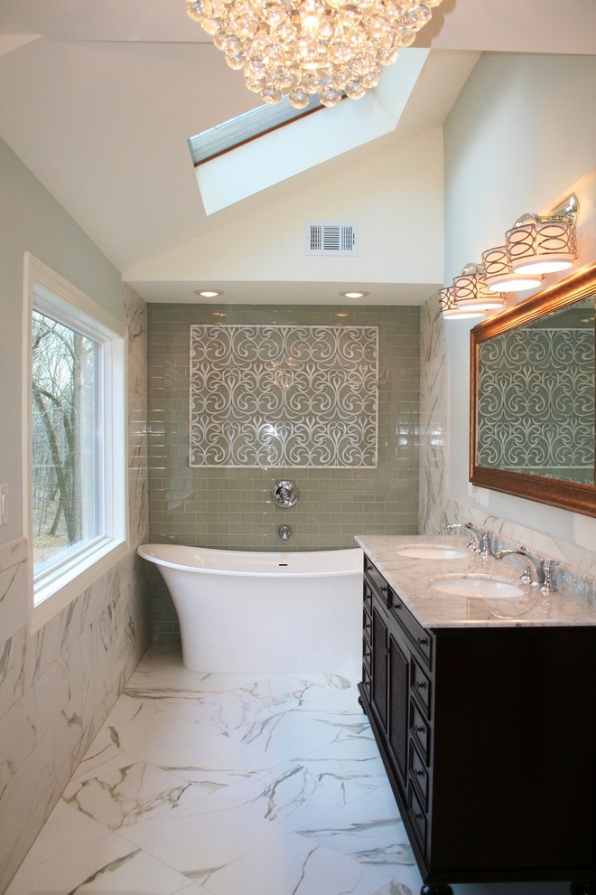 Zero Threshold Shower Bathroom Contemporary with Artistic Tile Bathroom Bathtub