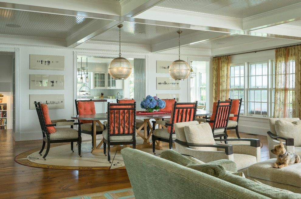 Zinc Top Table Dining Room Beach with Coffered Ceiling Great Room