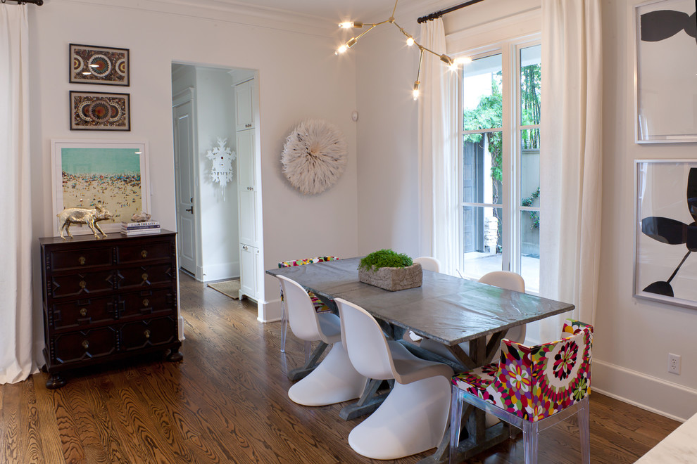 Zinc Top Table Dining Room Transitional with Black and White Art