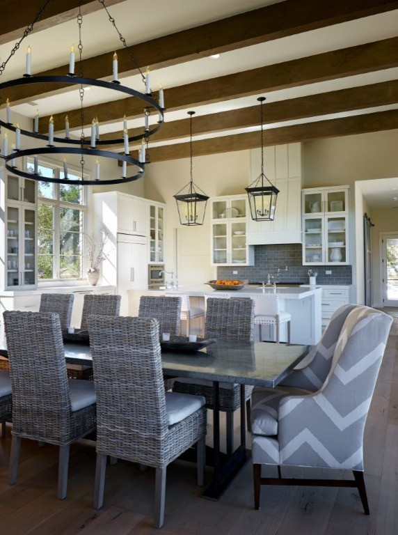 Zinc Topped Dining Table Dining Room Transitional with Iron Chandelier Lake House