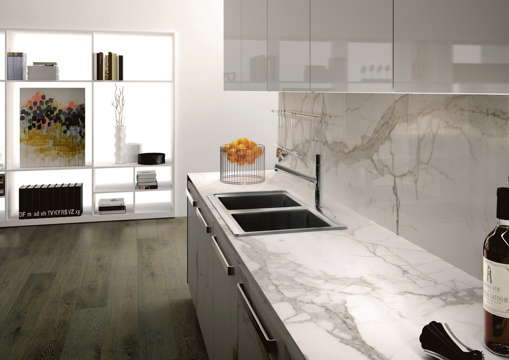 Apron Front Kitchen Sink Kitchen Contemporary with Back Splash Calacatta Slab