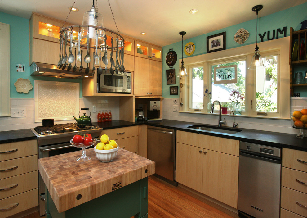 Butcher Block Kitchen Island Kitchen Transitional with Black Countertop Black Countertops