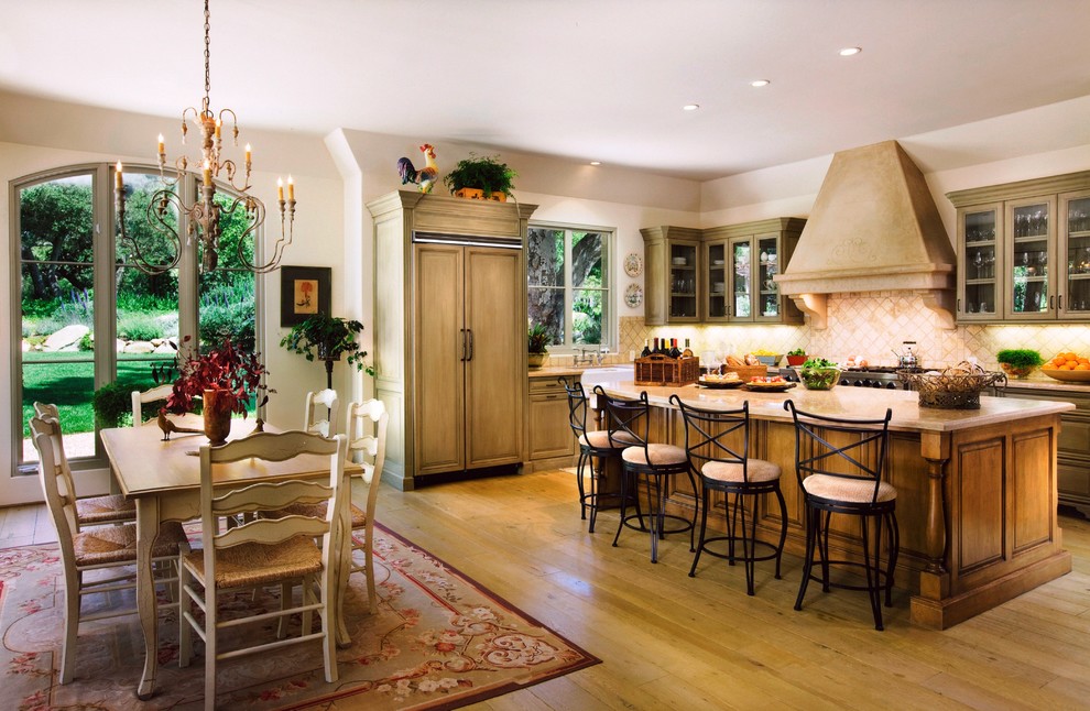 Glazing Kitchen Cabinets Kitchen Mediterranean with Area Rug Chandelier Counter