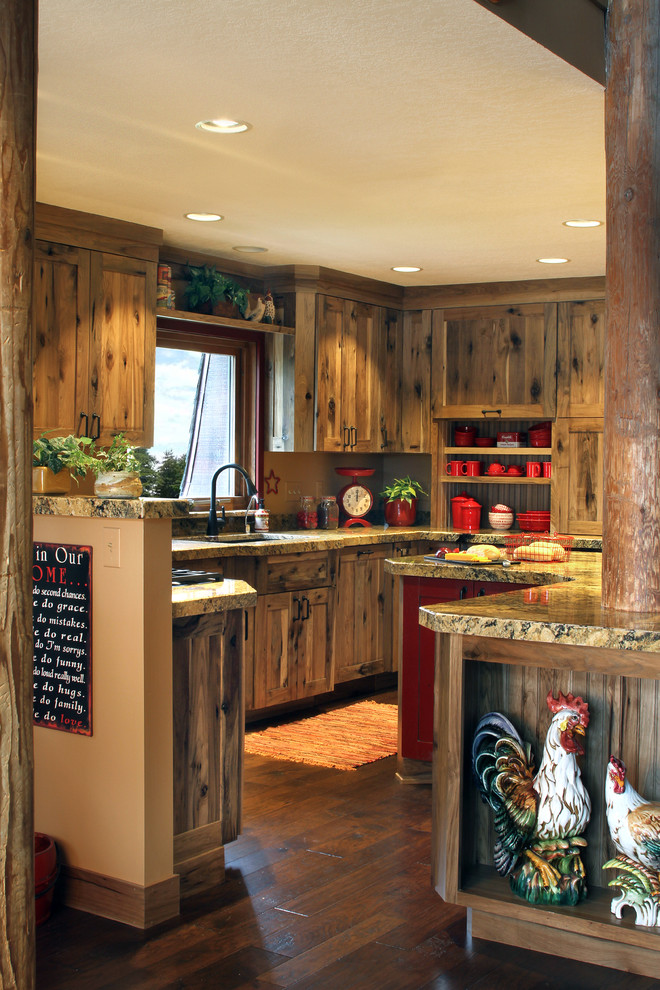 Hickory Kitchen Cabinets Kitchen Farmhouse with Barn Board Beige Backsplash