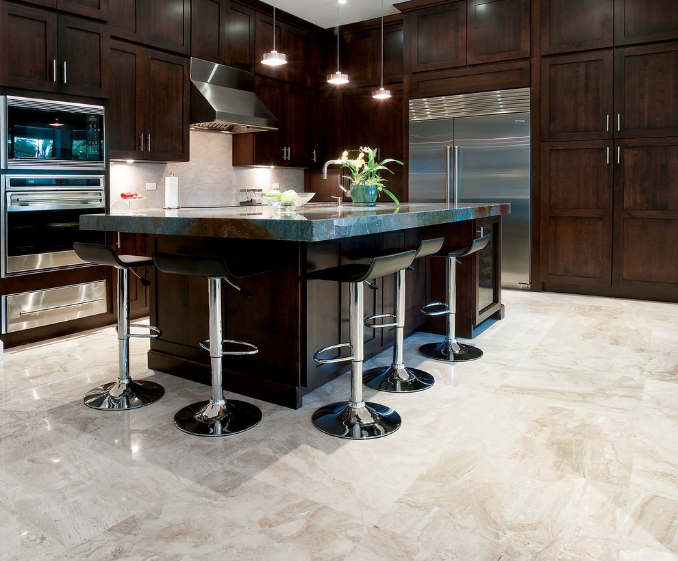 Kitchen Sink Base Cabinet Kitchen with Black Barstools Cream Floor