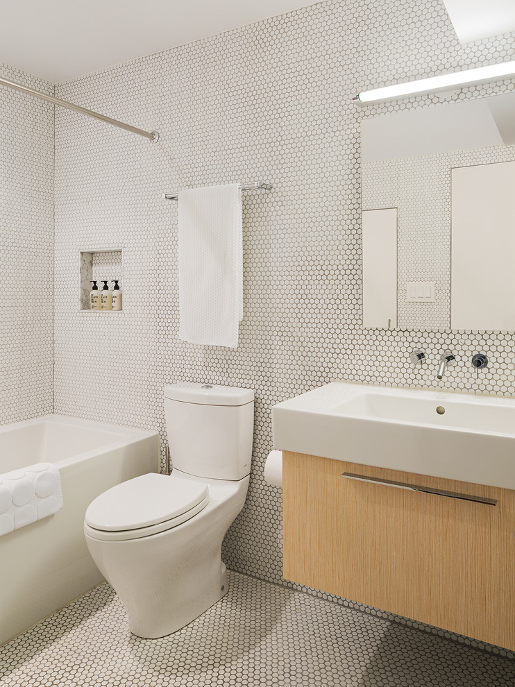 Kohler Forte Kitchen Faucet Bathroom Midcentury with Floating Vanity Hex Tile