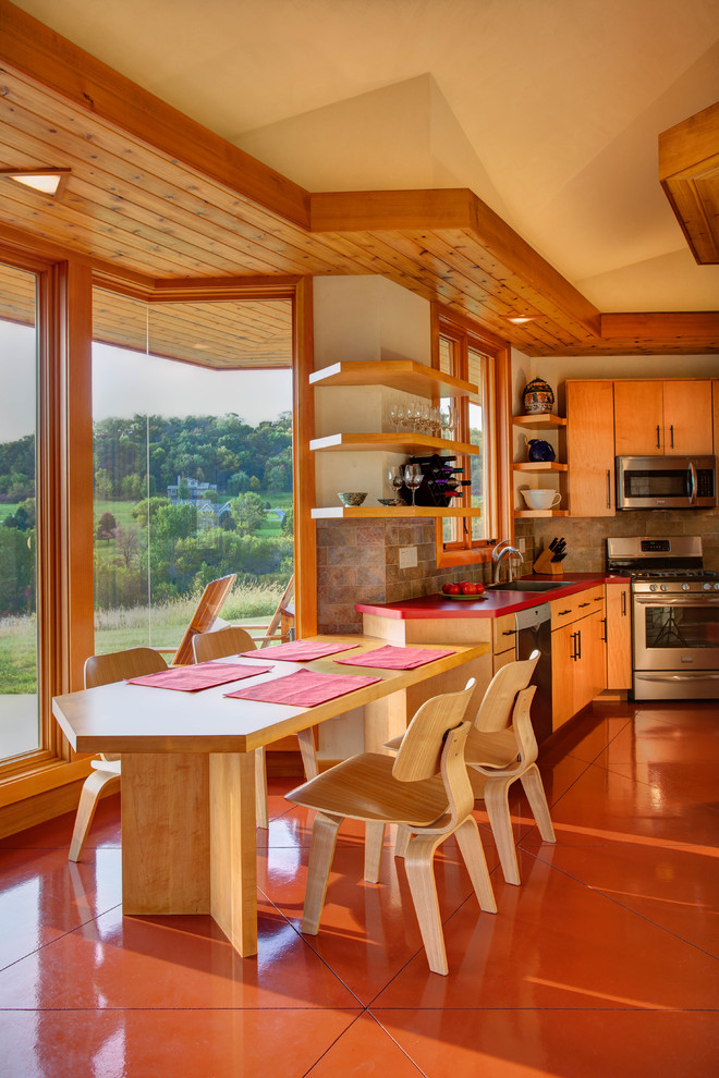 Kohler Forte Kitchen Faucet Dining Room Midcentury with Bay Window Cedar Siding