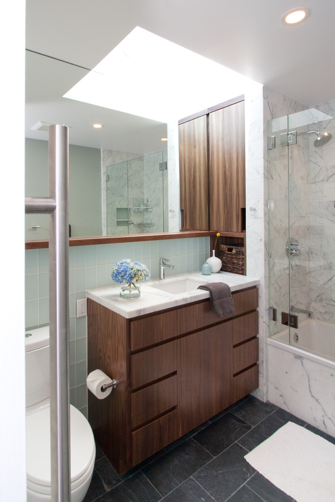 Lucky Kitchen Ann Arbor Bathroom Midcentury with Carrara Dark Stained Wood