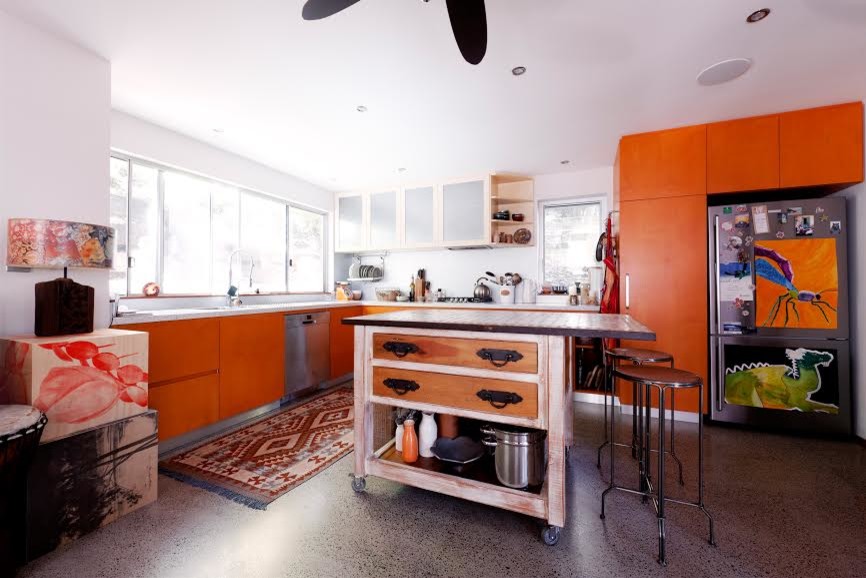 Movable Kitchen Islands Kitchen with Bar Stool Concrete Flooring