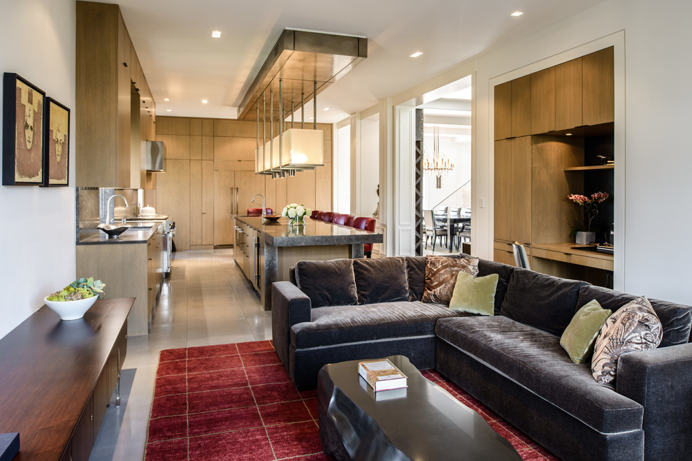 Palace Kitchen Seattle Living Room Contemporary with Beige Marble Floor Built In