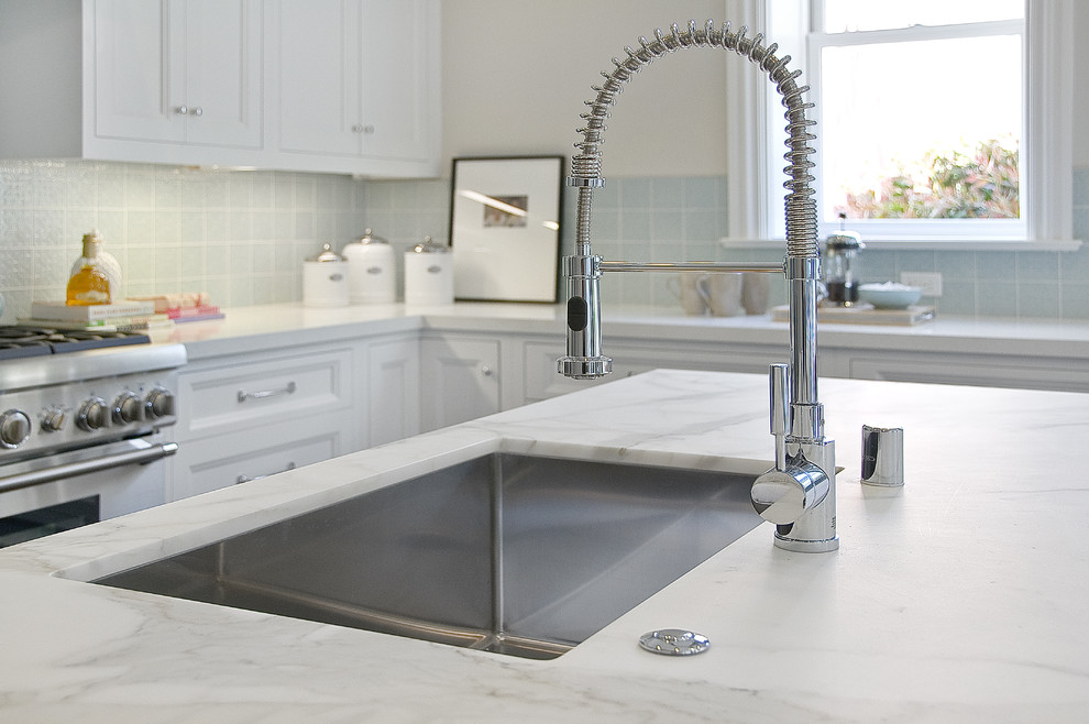 Polished Nickel Kitchen Faucet Kitchen Traditional with Contrasting Cabinetry Countertops Dark
