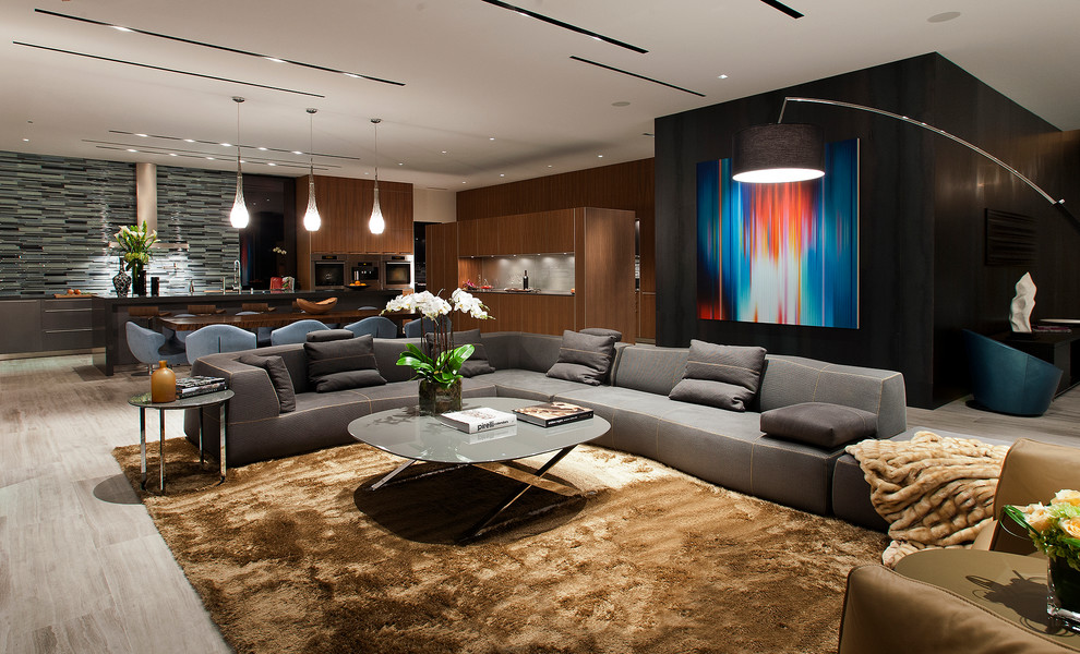 Rhythm Kitchen Las Vegas Family Room Contemporary with Arc Lamp Coffee Table