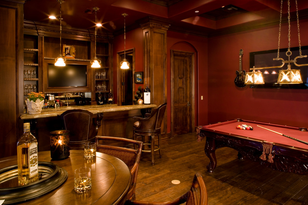 Rhythm Kitchen Las Vegas Family Room Mediterranean with Archway Barware Billiard Room
