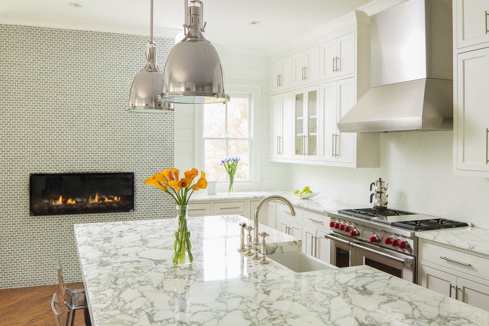 Rohl Kitchen Faucets Kitchen Transitional with Arabescato Fireplace in Kitchen
