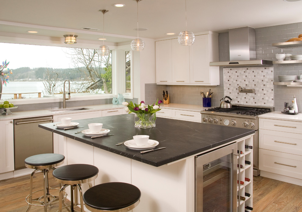 Subway Tile Backsplash Kitchen Kitchen Contemporary with Black Counter Dark Island