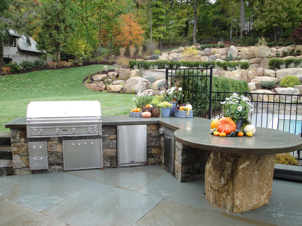 Thai Kitchen Boulder Patio Traditional with Boulders Bushes Grass Integrated