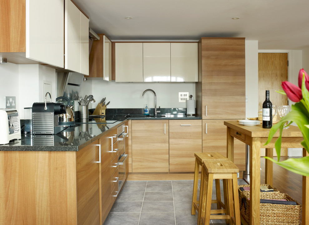 Two Toned Kitchen Cabinets Kitchen Industrial with Black Countertop Espresso Machine