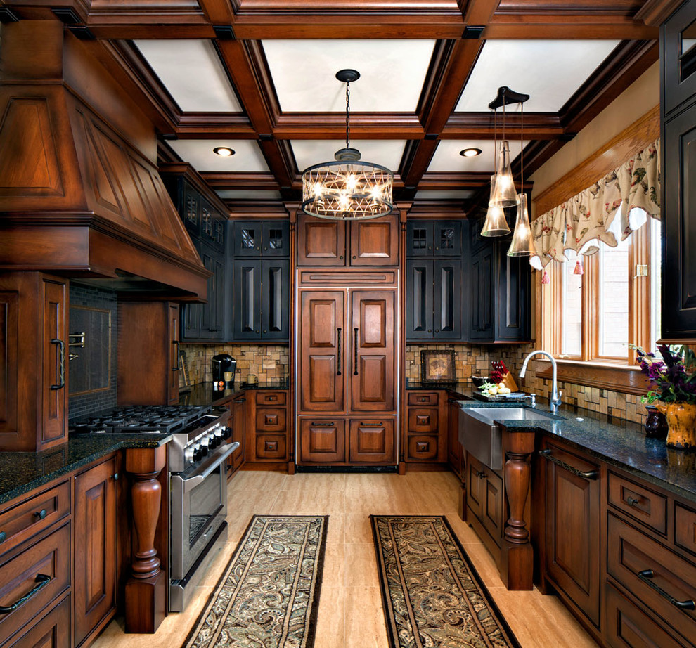 Two Toned Kitchen Cabinets Kitchen Mediterranean with Beige Floor Tile Black