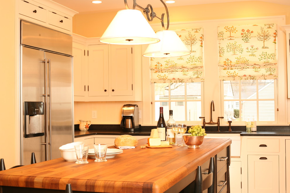 Two Toned Kitchen Cabinets Kitchen Traditional with Apron Sink Black Countertops