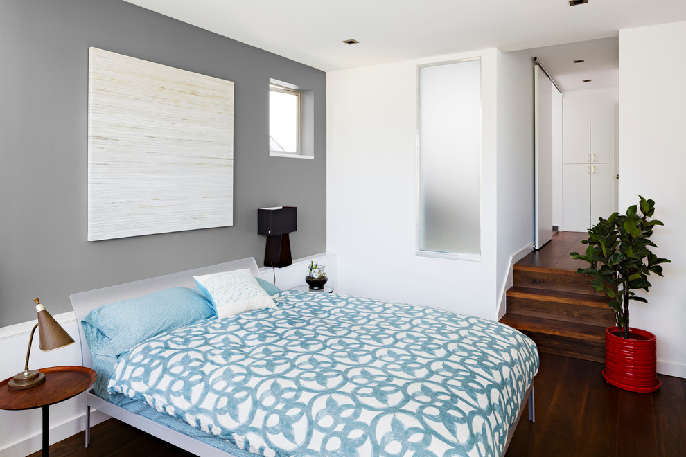 Blue Grey Color Scheme  for Contemporary Bedroom with Brown Table Lamp