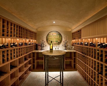 Faux Ceiling  for Mediterranean Wine Cellar with Wood Shelves