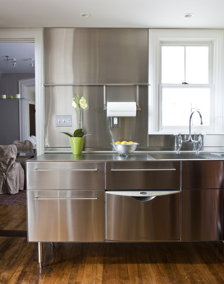 Glass Top Stainless Steel Legs  for Transitional Kitchen with Stainless Steel Cabinets