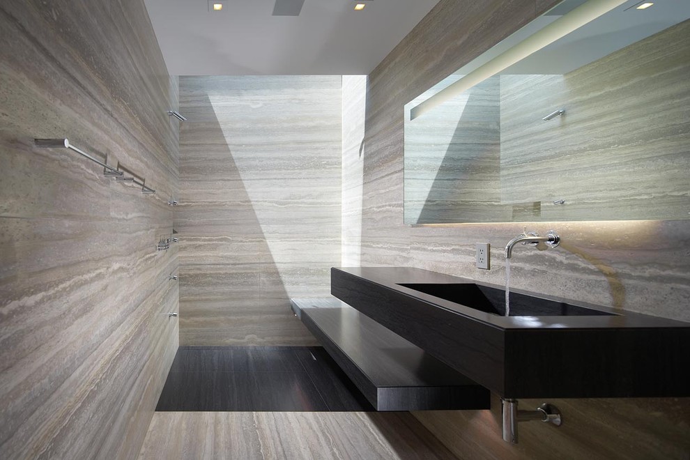 Grey Travertine  for Contemporary Bathroom with Architecture