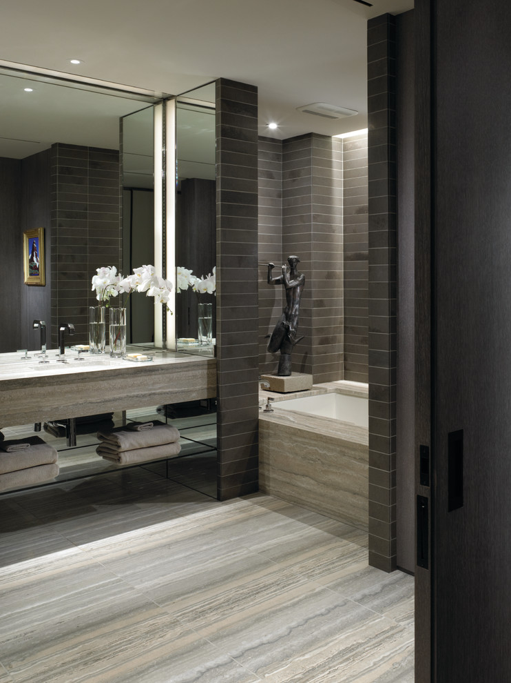 Grey Travertine  for Contemporary Bathroom with Brown