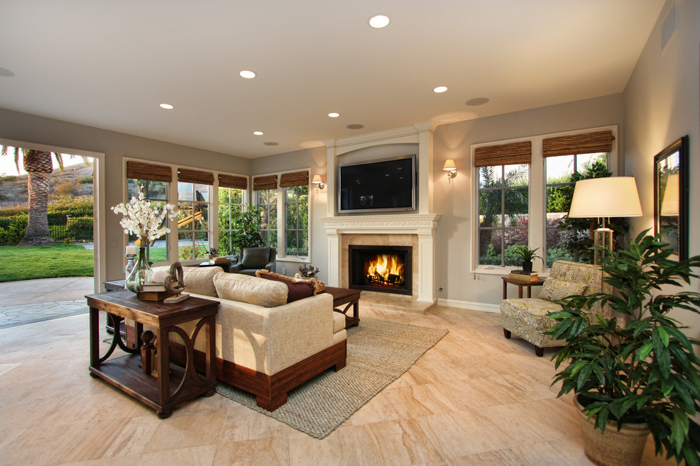 Grey Travertine  for Traditional Family Room with Linen Furnishings