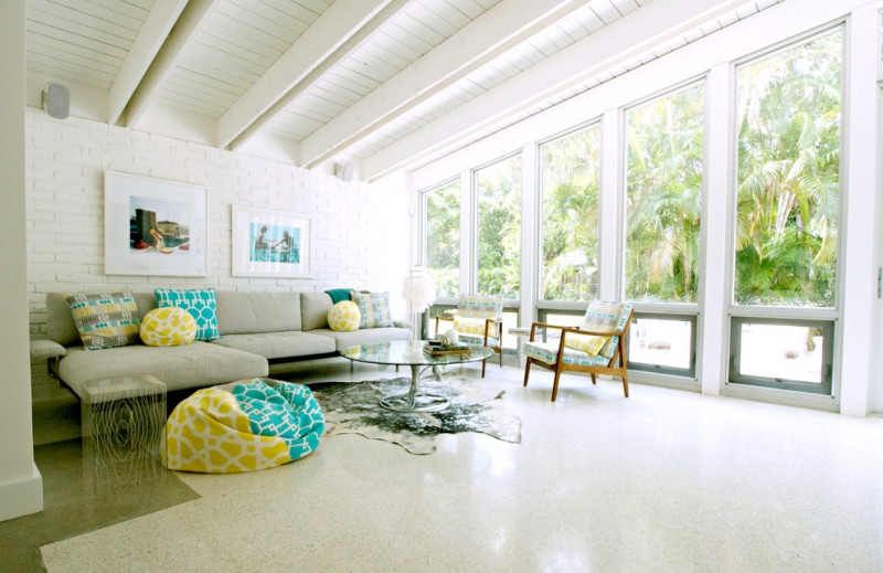 Jalousies for Beach Style Living Room with White Painted Brick