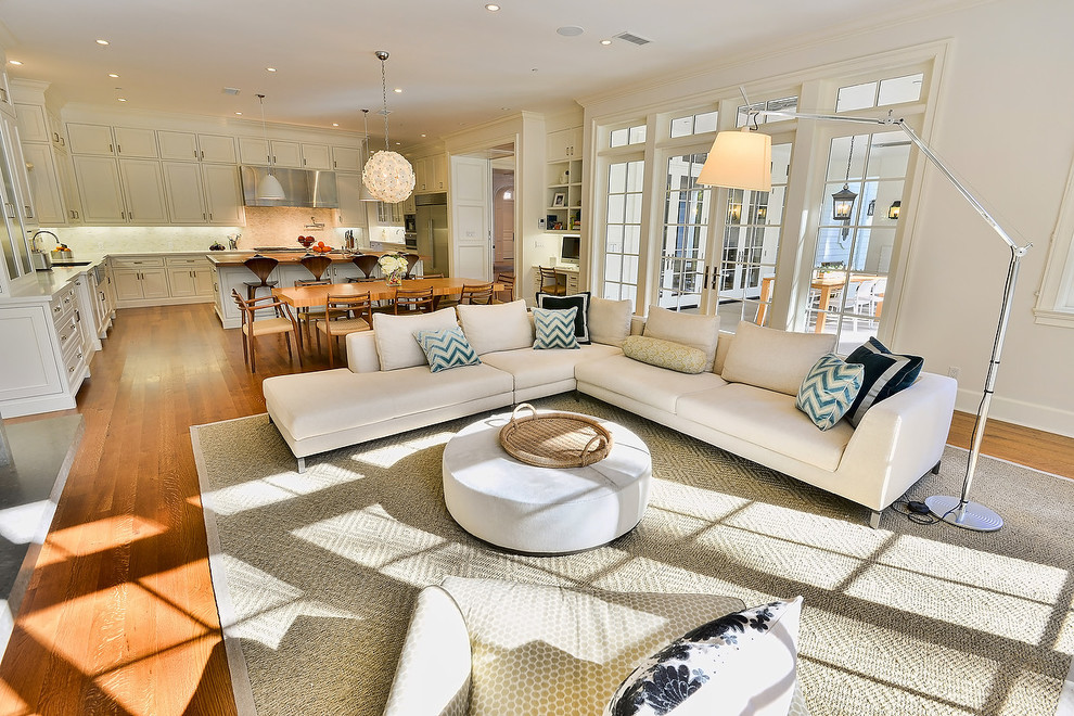 Large Open Concept Kitchen  for Transitional Family Room with Deck