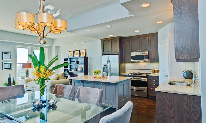 Miami Condo  for Transitional Kitchen with Dark Wood Cabinets